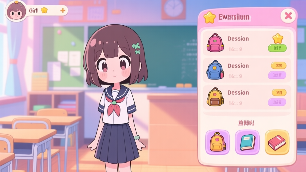 Cute anime-style game interface showing a Dotted Girl character in a school uniform, standing in a vibrant classroom setting. On the side, there are event mission lists and reward icons like a backpack and books, soft pastel color scheme high quality illustration, detailed, 16:9