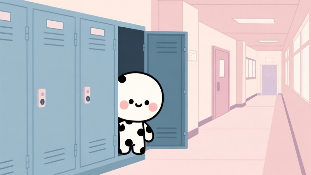 A minimalist game scene showing a simple, cute dotted character hiding behind a school locker in a hallway, soft pastel colors, clean lines, conveying a sense of stealth and puzzle high quality illustration, detailed, 16:9