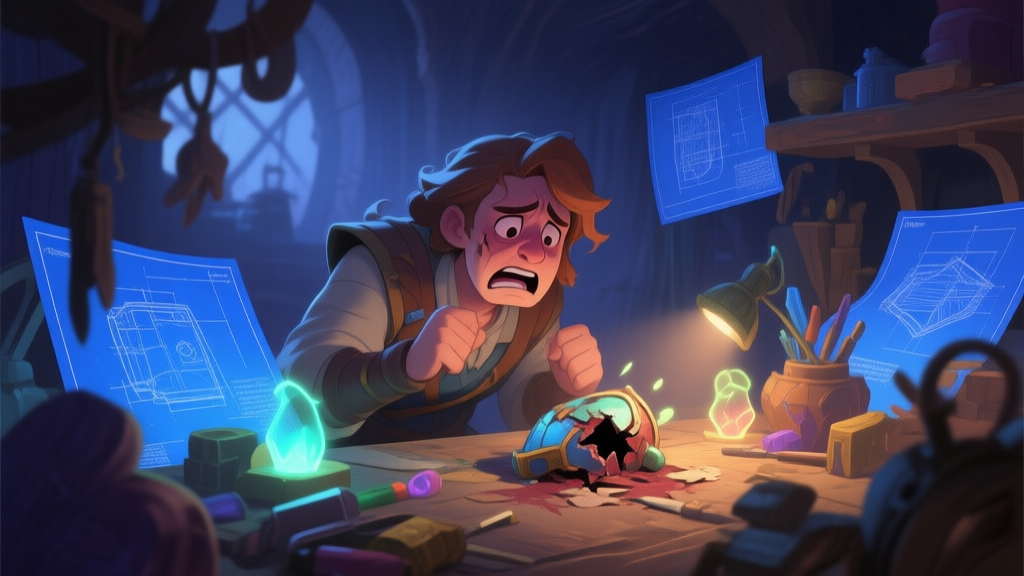 A desperate game character surrounded by glowing crafting materials and blueprints in a dimly lit workshop, looking at a failed item with a frustrated expression, soft fantasy color palette high quality illustration, detailed, 16:9