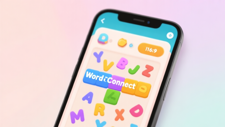 自动生成图片: A smartphone screen showing a colorful Word Connect puzzle game interface, with scattered letters and one completed word highlighted, soft pastel background, clean and inviting aesthetic high quality illustration, detailed, 16:9