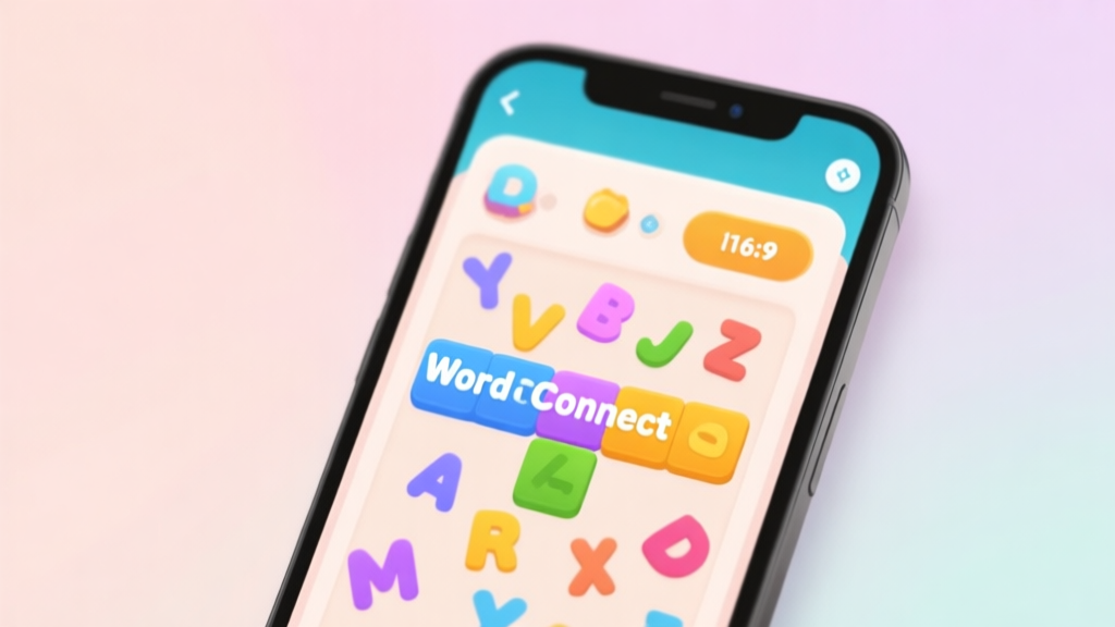 A smartphone screen showing a colorful Word Connect puzzle game interface, with scattered letters and one completed word highlighted, soft pastel background, clean and inviting aesthetic high quality illustration, detailed, 16:9