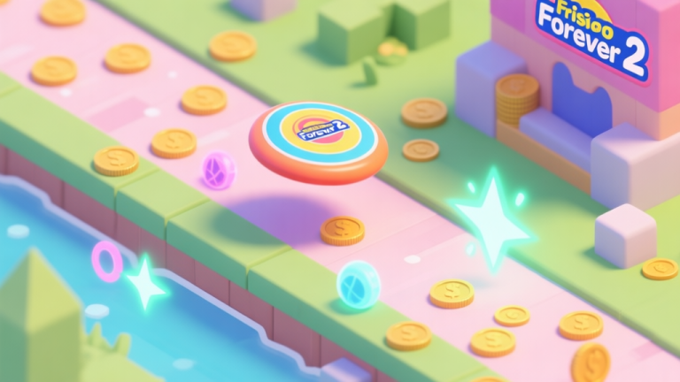 自动生成图片: A playful, isometric view of a colorful Frisbee Forever 2 game level, showing a frisbee flying through a path littered with coins and glowing power-ups, soft pastel colors, clean game art style high quality illustration, detailed, 16:9