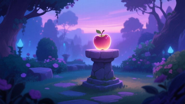自动生成图片: A serene, mystical garden scene at dusk with a glowing apple on a stone pedestal, soft purple and blue lighting, painterly style, video game concept art high quality illustration, detailed, 16:9