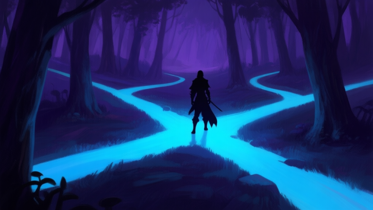 自动生成图片: A dimly lit, atmospheric game scene showing a silhouette of a character at a crossroads in a dark forest, with multiple glowing paths branching out, soft blues and deep purples color scheme, painterly style high quality illustration, detailed, 16:9