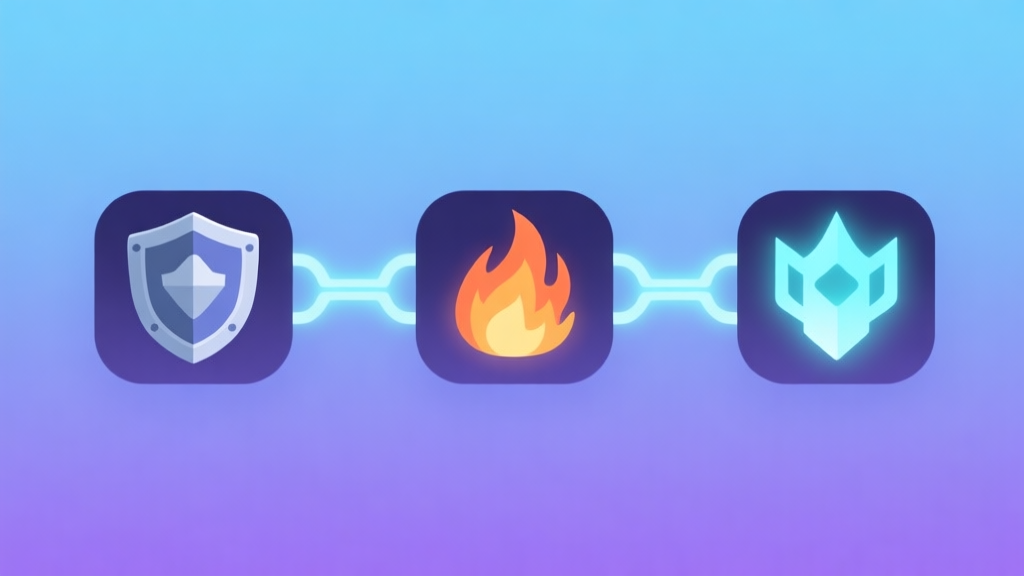 A minimalist, flat-design game UI showing three distinct hero icons (a shield-bearing tank, a fiery damage dealer, and a glowing support) connected by glowing lines, set against a soft gradient background of blues and purples high quality illustration, detailed, 16:9