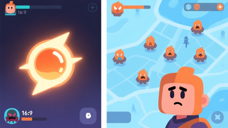 自动生成图片: Split-screen illustration showing a game character on the left with a glowing, nearly full ability icon, facing a low-health enemy. On the right, the same character hesitates, looking at a map with multiple enemy icons approaching. Soft blue and orange color scheme, minimalist UI style. high quality illustration, detailed, 16:9