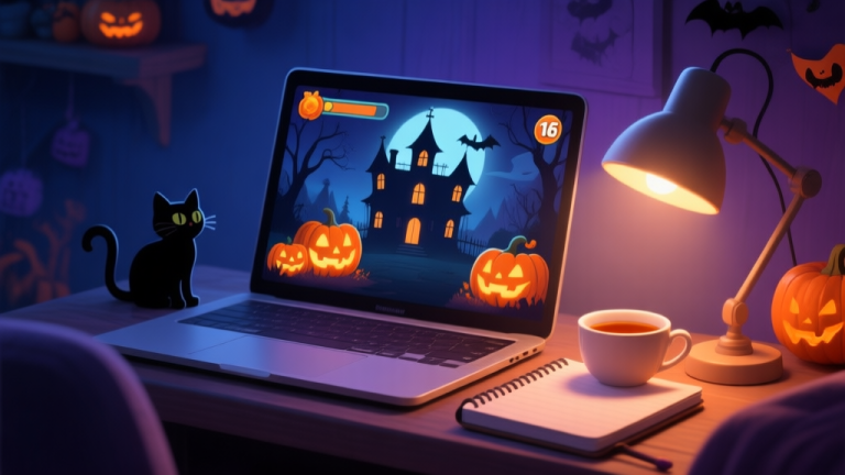 自动生成图片: A cozy, slightly spooky game setup at night. A laptop screen shows a beautiful, atmospheric puzzle game with a Halloween theme (think glowing pumpkins, a mysterious mansion silhouette). Soft, warm light from a desk lamp illuminates a notebook and a cup of tea, with subtle Halloween decorations like a small black cat figurine in the background. Soft color palette with dark blues, purples, and warm oranges. high quality illustration, detailed, 16:9