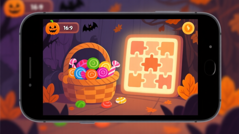 自动生成图片: A cozy, slightly spooky Halloween game scene on a mobile screen, showing a basket filled with colorful candy next to a puzzle grid, soft glow and warm autumn colors, flat illustration style high quality illustration, detailed, 16:9