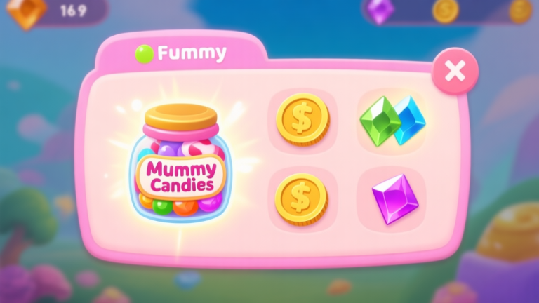 自动生成图片: A vibrant, friendly game UI screenshot showing a candy jar icon labeled "Mummy Candies" next to other common resources like coins and gems, with a glowing effect to indicate its importance, soft pastel color palette high quality illustration, detailed, 16:9