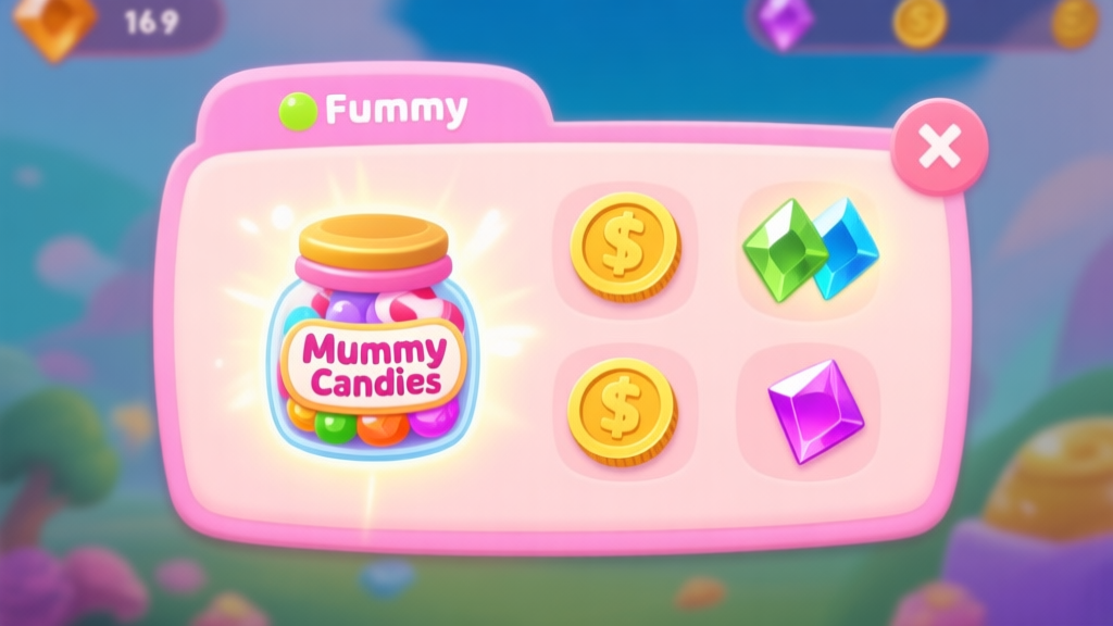A vibrant, friendly game UI screenshot showing a candy jar icon labeled "Mummy Candies" next to other common resources like coins and gems, with a glowing effect to indicate its importance, soft pastel color palette high quality illustration, detailed, 16:9