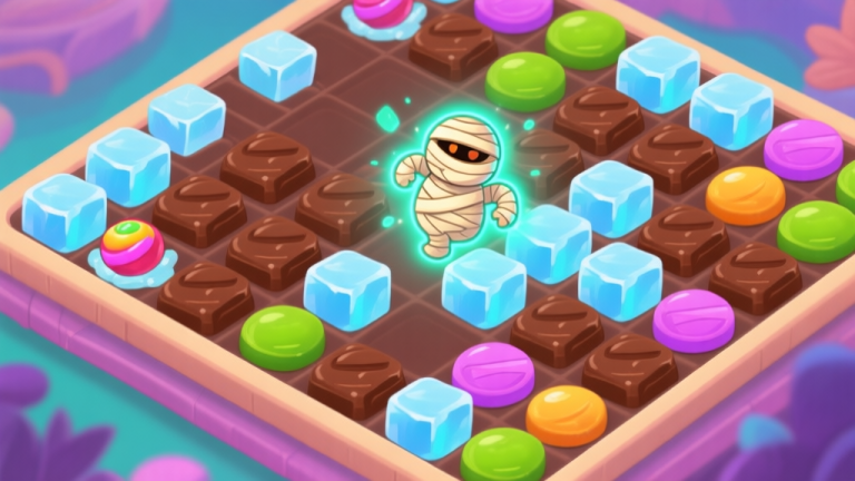 自动生成图片: A vibrant, stylized game screenshot of a match-3 puzzle level. The board is complex with chocolate, ice blocks, and a glowing Mummy Candy item about to be activated, soft pastel game art style high quality illustration, detailed, 16:9