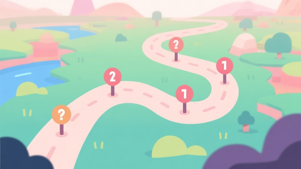 A stylized, minimalist roadmap illustration with five distinct milestones on a winding path through a vibrant game landscape, soft pastel colors, flat design high quality illustration, detailed, 16:9