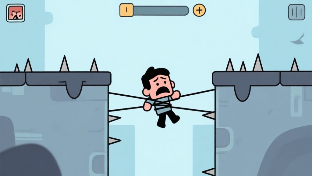 A stylized, frustrating puzzle scene from a mobile game, showing a character stuck between two moving platforms with spikes, in a minimalist cartoon style with a muted color palette of blues and greys high quality illustration, detailed, 16:9