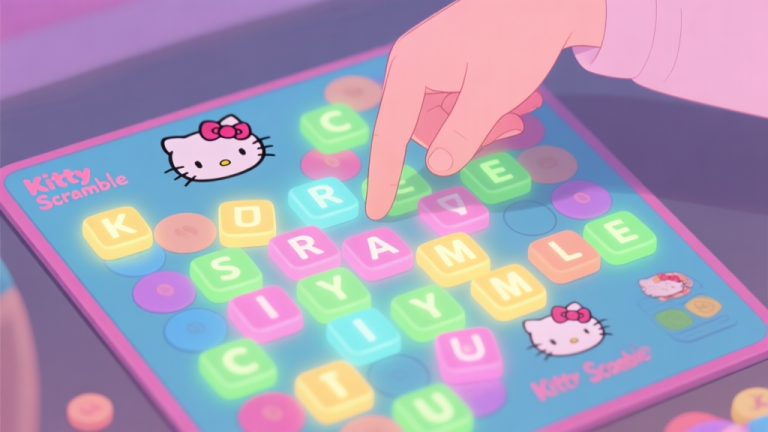 自动生成图片: A top-down view of a colorful Kitty Scramble game board mid-game, with glowing word tiles and a thoughtful hand hovering above, soft pastel colors, clean illustration high quality illustration, detailed, 16:9