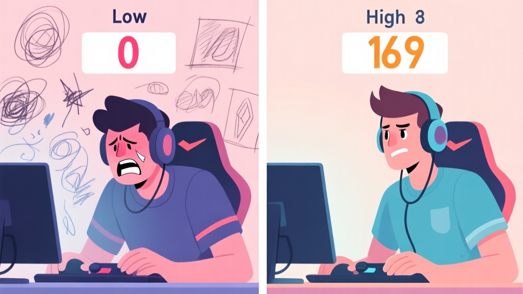 A split-screen illustration showing a frustrated gamer on one side with a low score and messy drawings, and a confident gamer on the other side with a high score and clear, recognizable sketches, in a soft pastel color palette high quality illustration, detailed, 16:9