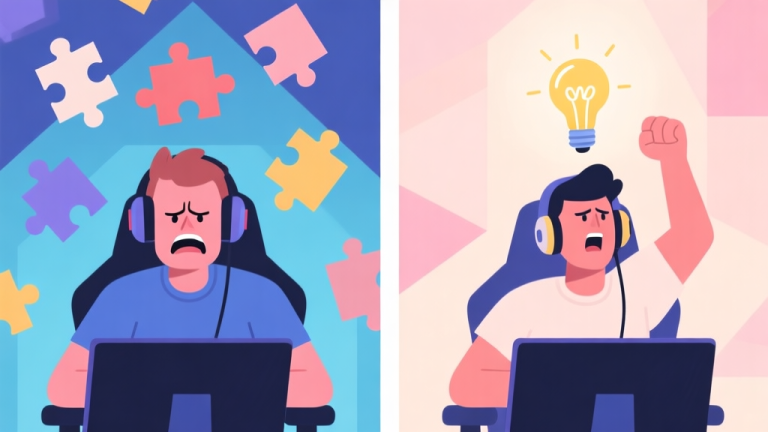 自动生成图片: Split-screen illustration showing a frustrated gamer on one side with puzzle pieces floating around their head, and a triumphant gamer on the other side with a lightbulb moment, in a soft pastel color palette with geometric shapes high quality illustration, detailed, 16:9