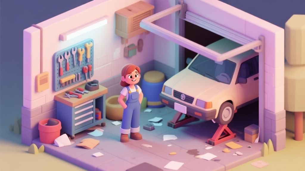 A cozy, slightly messy but charming car garage interior in a video game style, with a basic tool rack, a small car on jack stands, and a friendly female character in overalls. Soft pastel color palette, isometric view high quality illustration, detailed, 16:9