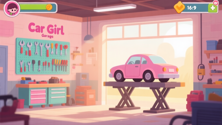 自动生成图片: A cozy, stylized game screenshot of a Car Girl Garage workshop interior, soft morning light from a window, a cute car on the lift, tools neatly organized on a pastel-colored tool wall, flat design style with a warm and inviting color palette high quality illustration, detailed, 16:9