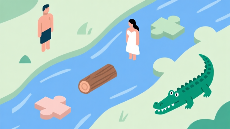 自动生成图片: A minimalist, top-down view of a puzzle river with simple geometric shapes representing Adam, Eve, logs, and crocodiles, in a soft pastel color scheme with blues and greens high quality illustration, detailed, 16:9