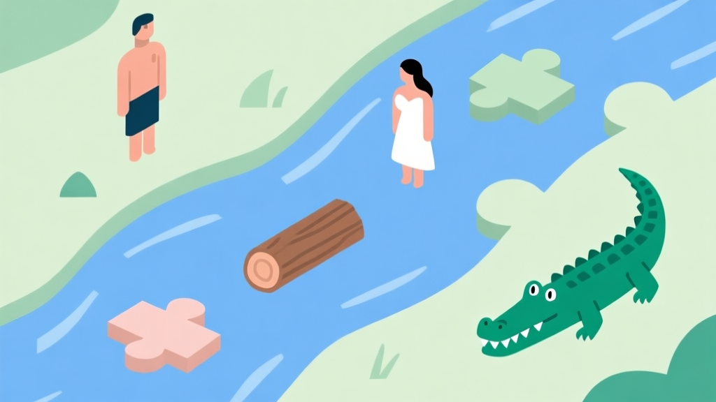 A minimalist, top-down view of a puzzle river with simple geometric shapes representing Adam, Eve, logs, and crocodiles, in a soft pastel color scheme with blues and greens high quality illustration, detailed, 16:9