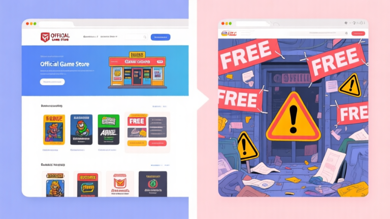 自动生成图片: Split-screen illustration showing a clean, official game store website on one side and a cluttered, suspicious website with exaggerated "FREE" banners and warning signs on the other, in a soft pastel color palette high quality illustration, detailed, 16:9