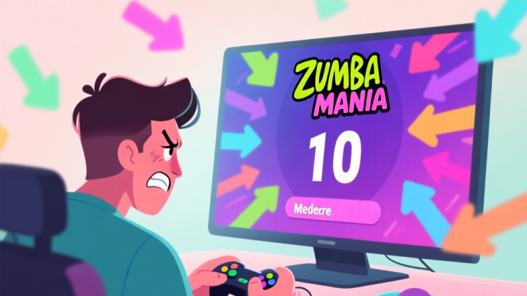 自动生成图片: A frustrated gamer looking at a Zumba Mania screen showing a mediocre score, with colorful dance arrows in the background, soft pastel color palette high quality illustration, detailed, 16:9