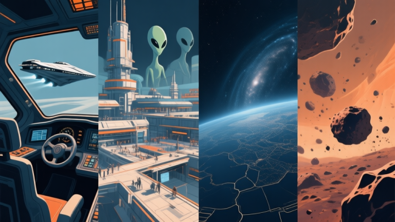 自动生成图片: A split-screen collage showing diverse scenes from space games: a sleek starship cockpit view, a bustling alien space station, a vast galaxy map, and a tense asteroid field, all in a cohesive muted color palette with deep blues and oranges high quality illustration, detailed, 16:9