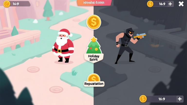自动生成图片: A split-screen game UI mockup showing Santa and Thief pathways, with contrasting resource icons for Coins, Holiday Spirit, and Reputation, in a soft pastel and dark grey color scheme high quality illustration, detailed, 16:9