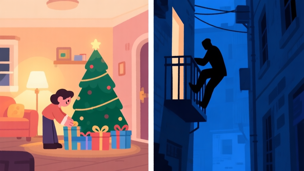 A split-screen game illustration showing two contrasting scenes: left side features a cozy, warmly lit room with a character placing gifts under a Christmas tree, right side shows a dark, blue-tinted alley with a shadowy figure climbing a balcony, flat design style with soft colors high quality illustration, detailed, 16:9