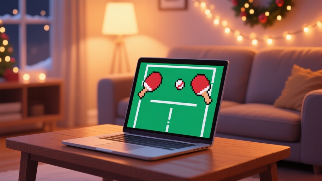 A cozy, softly lit living room scene with a laptop open on a wooden table, showing a simple pixel-art Pong game with Christmas-themed paddles and ball, warm holiday lighting in the background high quality illustration, detailed, 16:9