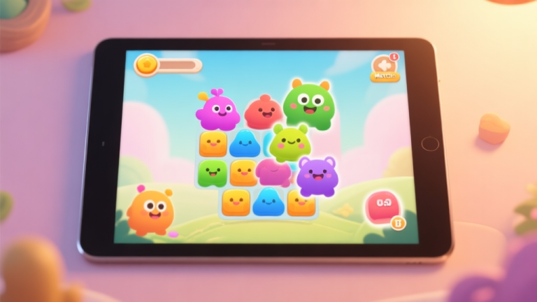 自动生成图片: A cozy, inviting game interface of a match-3 puzzle on a tablet screen, showing colorful friendly creature pieces about to be matched, soft pastel background, warm lighting high quality illustration, detailed, 16:9
