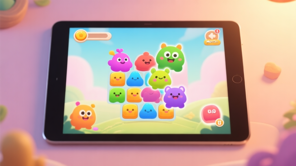 A cozy, inviting game interface of a match-3 puzzle on a tablet screen, showing colorful friendly creature pieces about to be matched, soft pastel background, warm lighting high quality illustration, detailed, 16:9