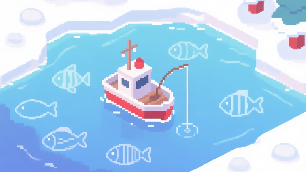 A cozy, isometric winter game scene with a small fishing boat on a pixel-art ocean, a simple fishing line going into the water, surrounded by faint outlines of different fish shapes, in a soft pastel Christmas color palette with blues, whites, and reds high quality illustration, detailed, 16:9