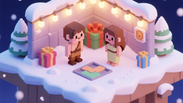 自动生成图片: A cozy, isometric Christmas game scene with Adam and Eve as cute pixel characters, standing before a snowy level with presents and a simple puzzle, soft pastel winter colors, warm glowing lights high quality illustration, detailed, 16:9