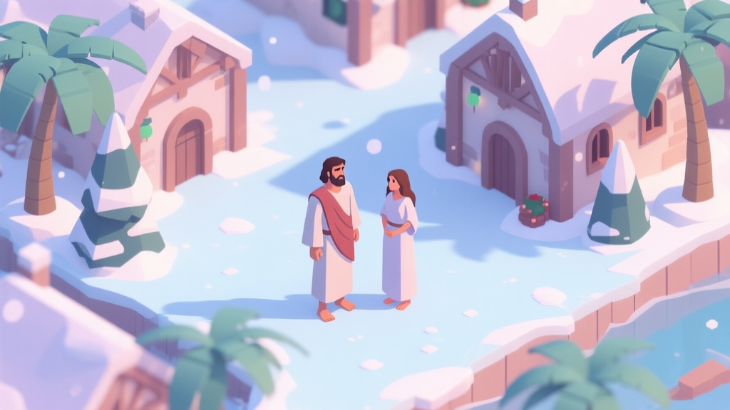 A surreal, isometric game scene showing Adam and Eve in simple biblical robes standing in a snowy Christmas village with palm trees, soft pastel color palette, dreamlike atmosphere, video game concept art high quality illustration, detailed, 16:9
