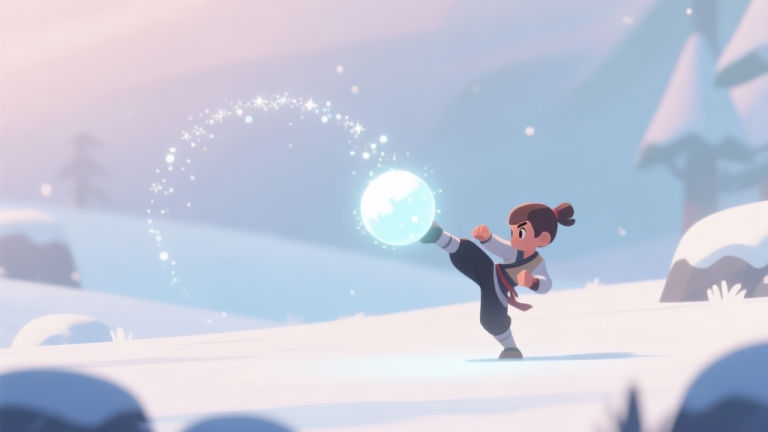 自动生成图片: A serene, snowy in-game landscape with soft lighting, featuring a character mid-action performing a precise kick to a glowing snowball, creating a gentle arc of sparkling particles, minimalist game art style, soft pastel color palette high quality illustration, detailed, 16:9