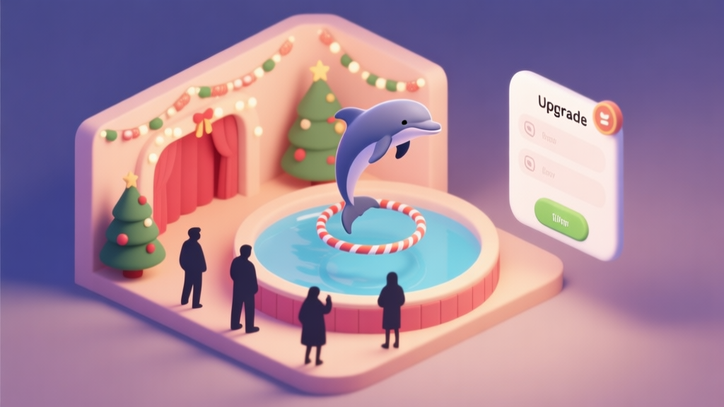 Cozy, isometric view of a small Christmas-themed dolphin show arena, with one dolphin jumping through a festive ring, a few visitor silhouettes, and a simple upgrade menu floating beside it, in a warm, soft pastel color palette high quality illustration, detailed, 16:9