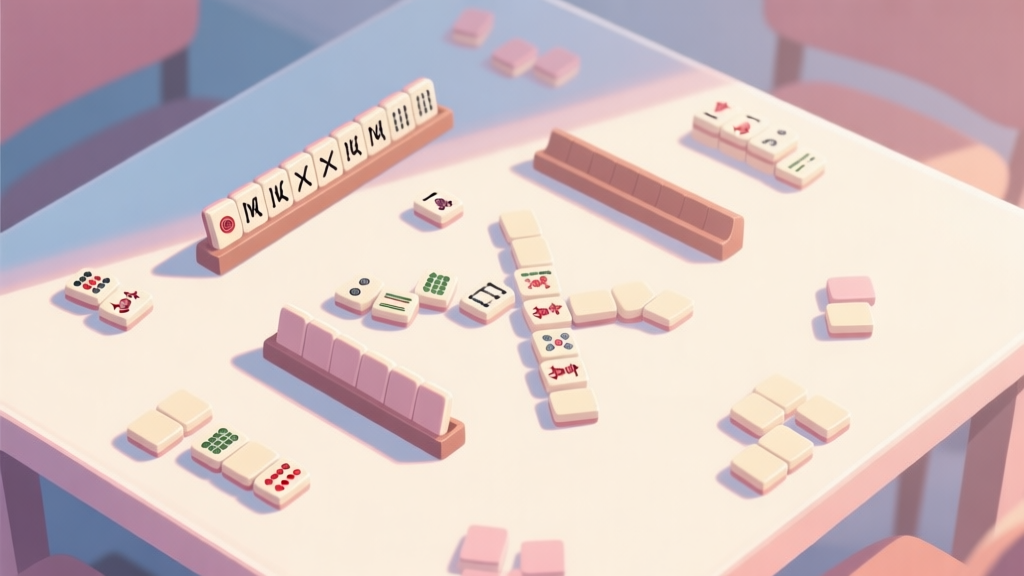 A top-down view of a Rummikub game in progress, showing a player's rack with sorted tiles and several melds on the table, soft natural lighting, pastel color palette, clean and organized composition high quality illustration, detailed, 16:9