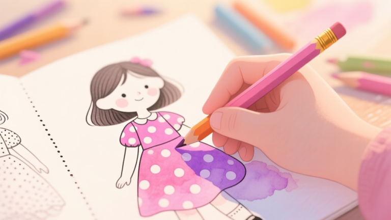 自动生成图片: A close-up, serene illustration of a half-finished dotted girl coloring book page. A hand holds a colored pencil, gently blending shades of pink and purple on a polka-dot dress. The background is soft-focus with scattered coloring tools, rendered in a warm, gentle watercolor style with a soft color palette. high quality illustration, detailed, 16:9