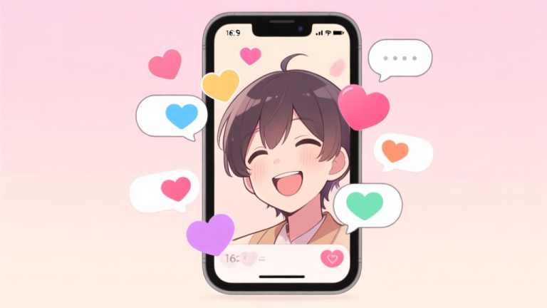 自动生成图片: A cozy, inviting illustration of a smartphone screen showing a charming anime-style dating sim character smiling, with multiple colorful heart icons and dialogue bubbles floating around it, soft pastel background high quality illustration, detailed, 16:9