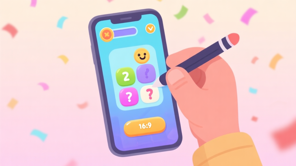 A cozy, inviting illustration of a smartphone screen showing a colorful quiz game interface, with a friendly hand holding a stylus poised to answer. Soft pastel background with subtle confetti elements. high quality illustration, detailed, 16:9