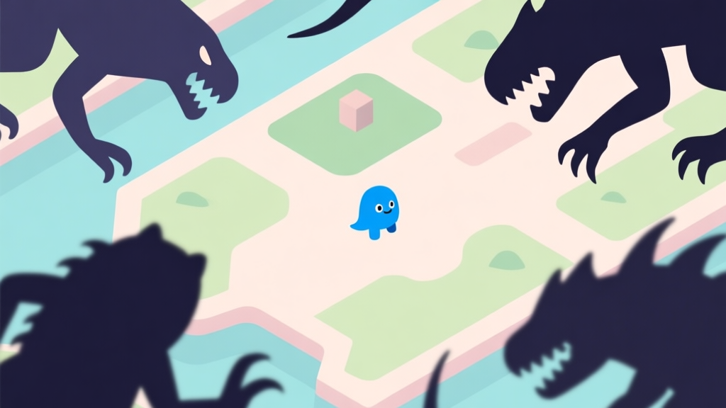 A minimalist, top-down view of the Evoworld.io game map showing a small blue creature surrounded by larger, shadowy predator silhouettes, soft pastel color palette, clean lines, flat design high quality illustration, detailed, 16:9