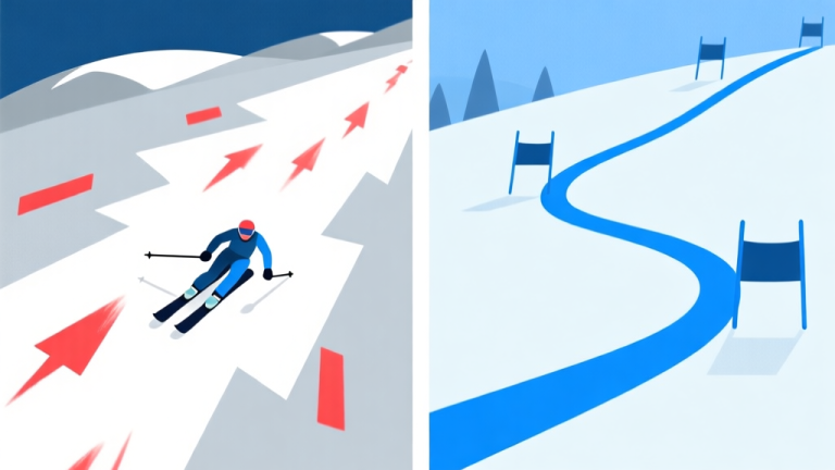 自动生成图片: Split-screen comparison of a skier's trajectory in a slalom game. Left side shows a jagged, inefficient path with red brake marks. Right side shows a smooth, flowing blue line hugging the gates, minimalist flat design with soft blue and grey tones high quality illustration, detailed, 16:9