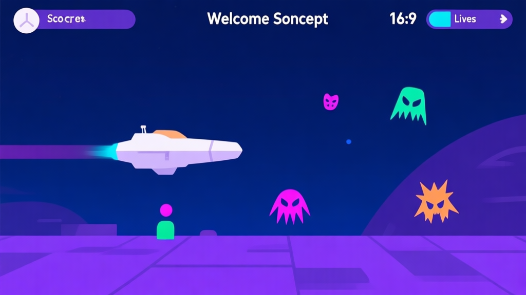 A welcoming, minimalist game interface screenshot concept for a space shooter, showing simple player ship, a few colorful enemy shapes, and a clean HUD with score and lives, in a dark blue and neon purple color scheme high quality illustration, detailed, 16:9