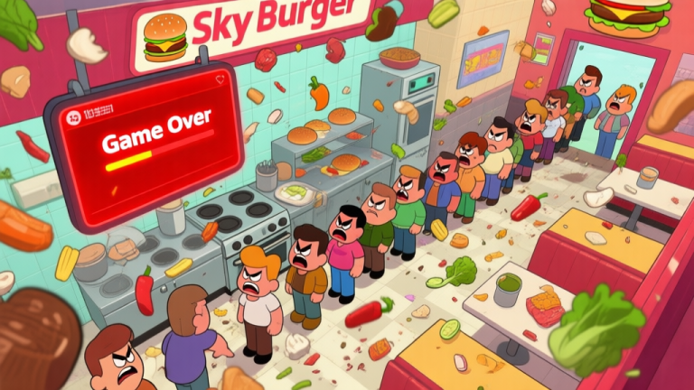 自动生成图片: A chaotic time-lapse scene of a Sky Burger restaurant kitchen from a top-down perspective, ingredients flying everywhere, a long queue of angry cartoon customers, and a red 'Game Over' notification flashing on screen, in a vibrant but slightly messy cartoon game art style high quality illustration, detailed, 16:9
