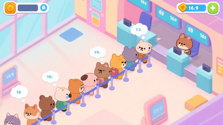 自动生成图片: A top-down view of a cute, colorful airport check-in area in a mobile game style, showing a long queue of animal characters, some looking frustrated, with clear visual indicators like thought bubbles showing waiting time, soft pastel color palette high quality illustration, detailed, 16:9