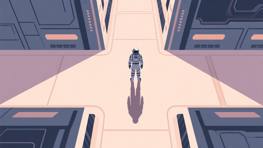 A top-down view of a spaceship corridor in soft, muted colors, with a lone crewmate character standing at a crossroads, their shadow subtly split into two directions, flat design style high quality illustration, detailed, 16:9