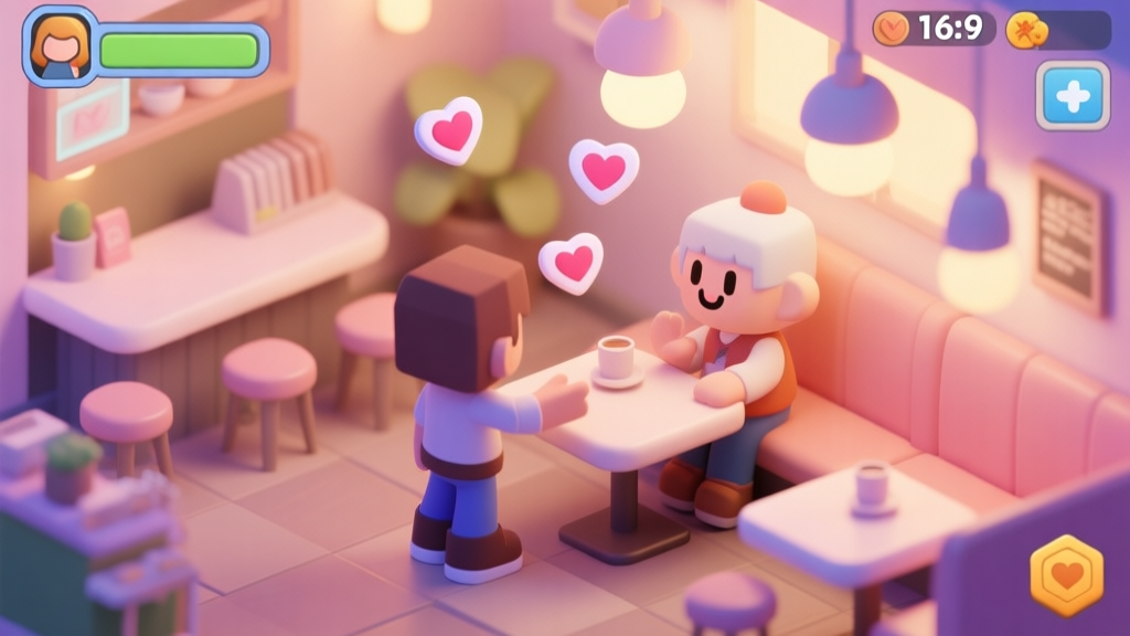 A cozy, isometric game scene showing a player character interacting with a friendly non-player character (NPC) at a virtual cafe, with heart-shaped icons (Love Pins) floating between them, soft pastel color palette, warm lighting high quality illustration, detailed, 16:9