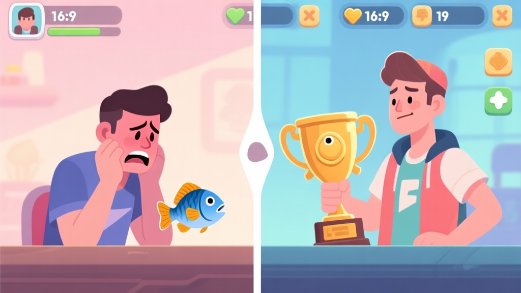 A split-screen illustration showing a frustrated player with a small fish on one side, and a confident player with a large, rare trophy fish on the other, in a stylized game UI setting, soft pastel color palette high quality illustration, detailed, 16:9