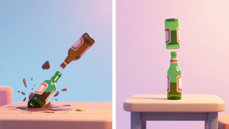自动生成图片: Side-by-side comparison of a failed bottle flip (bottle falling awkwardly) and a perfect landing (bottle upright on a table), clean 3D game-style graphics, soft lighting, pastel color background high quality illustration, detailed, 16:9